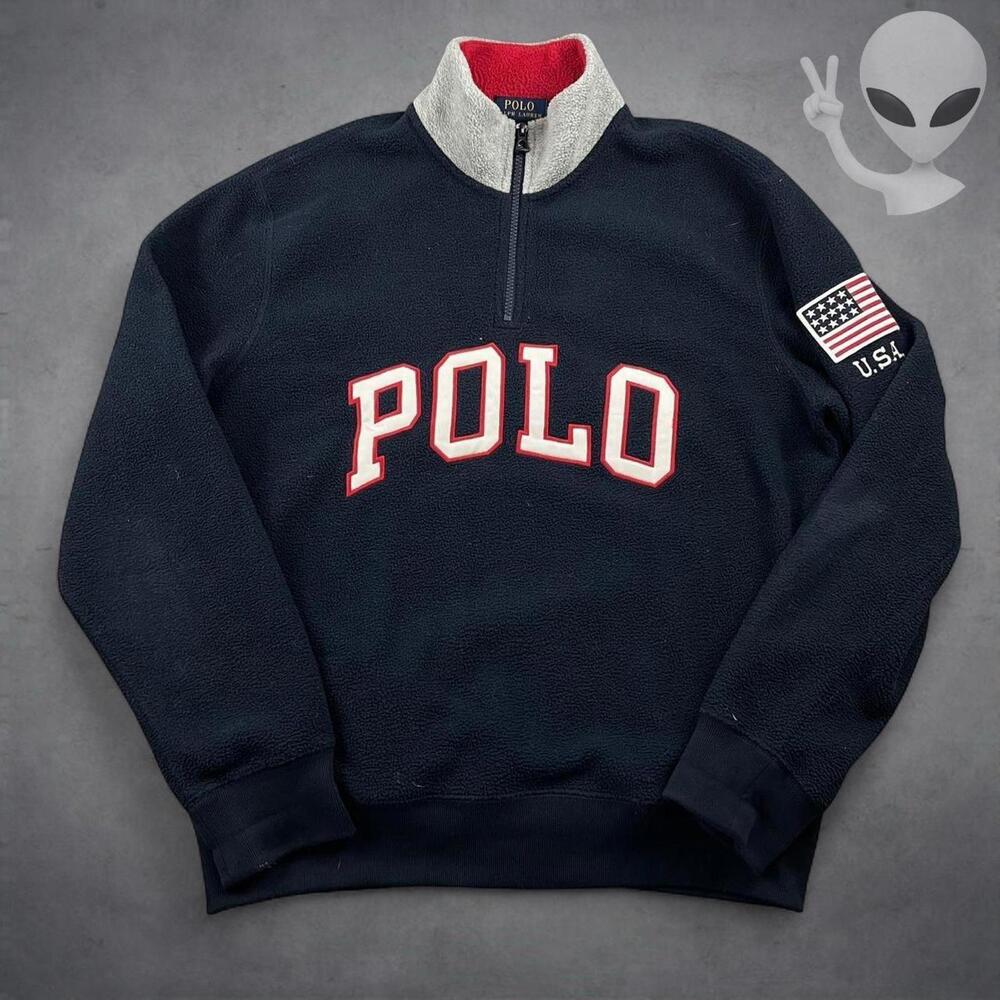 Polo Ralph Lauren Quarter Zip Fleece Medium Navy USA Spellout Red Vintage - Picture 2 of 4